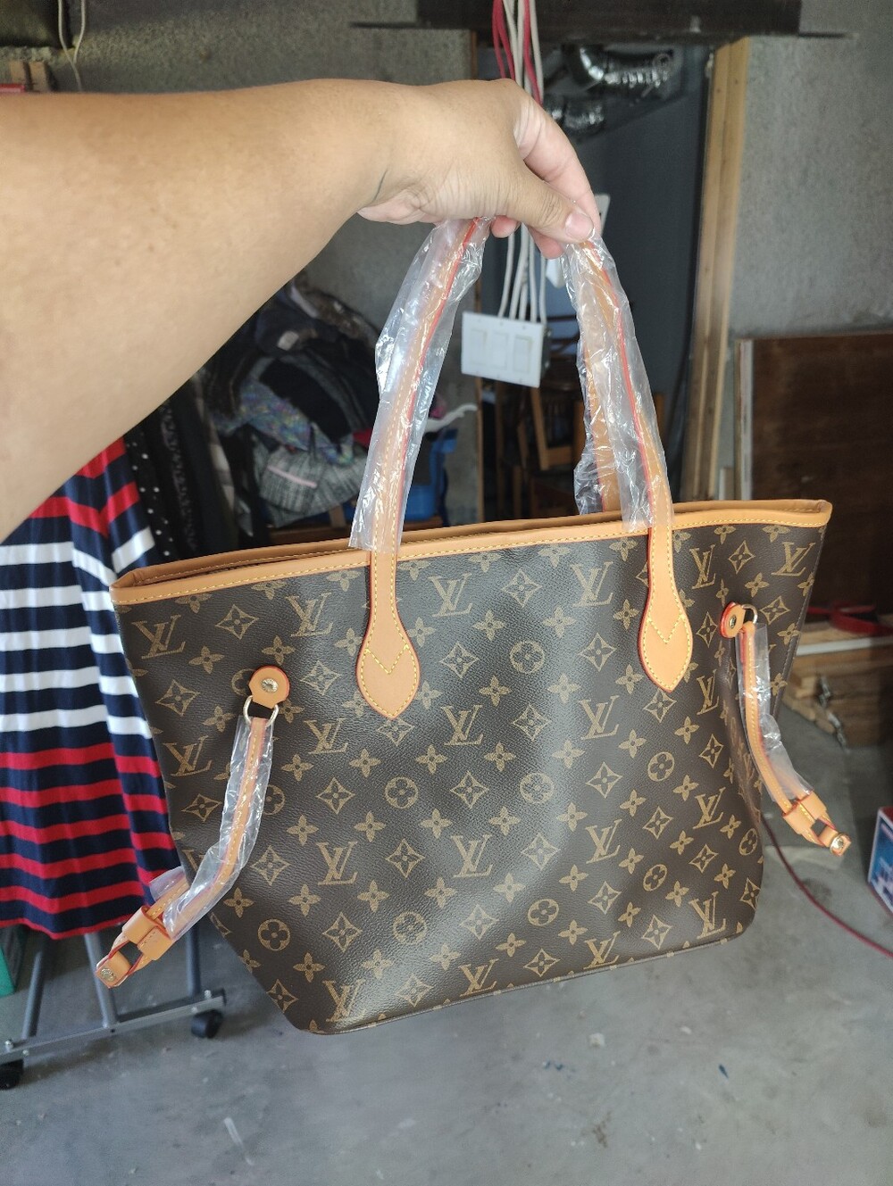 Source Unknown Brown Monogram Canvas Tote with Tan Trim